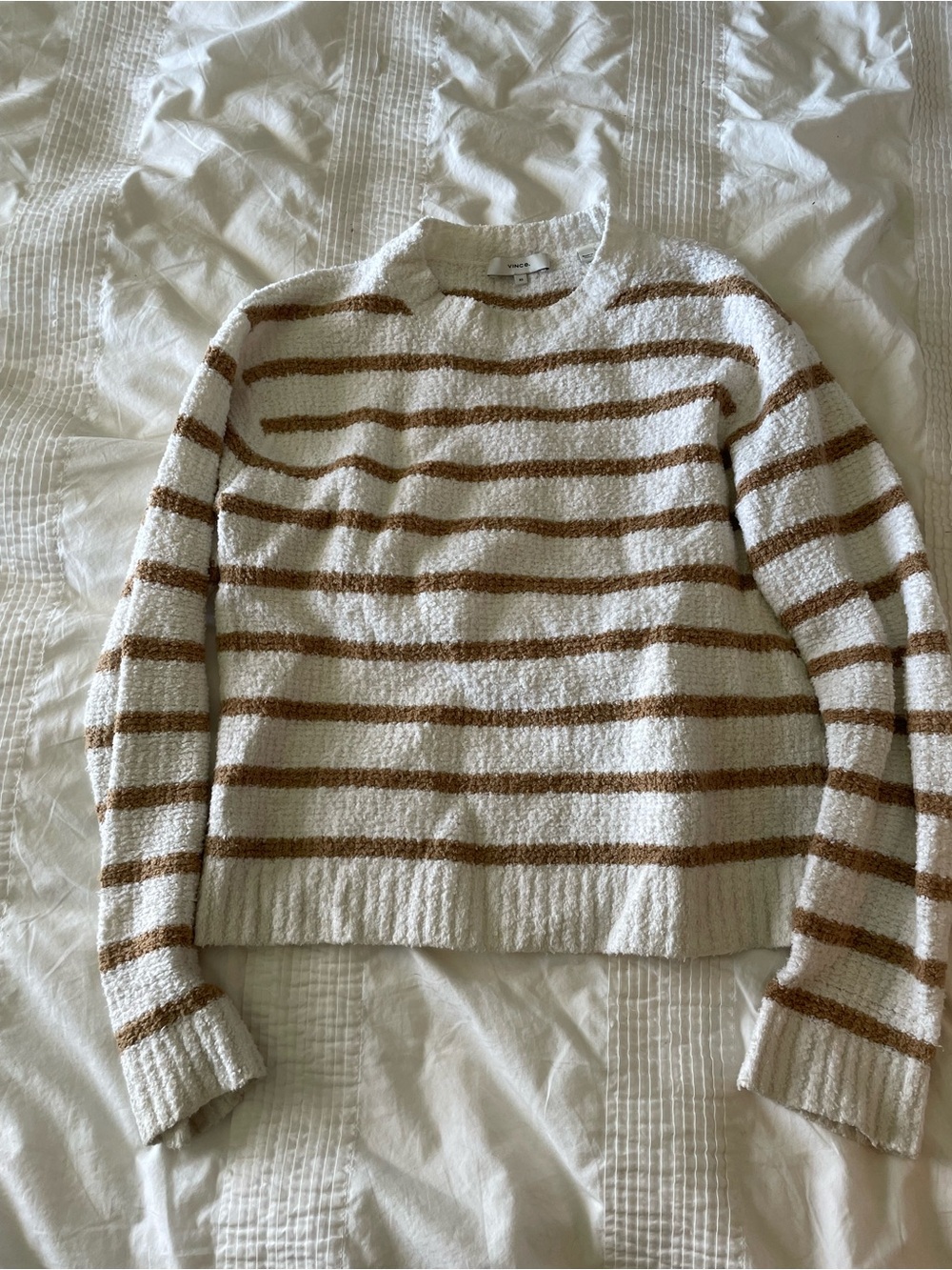 Vince Cream & Brown Striped Crewneck Sweater